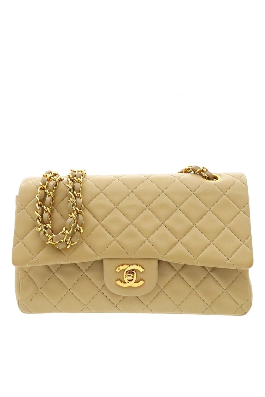 Chanel Quilted 25 Double Flap Chain Vintage Shoulder Bag Beige Gold Lambskin